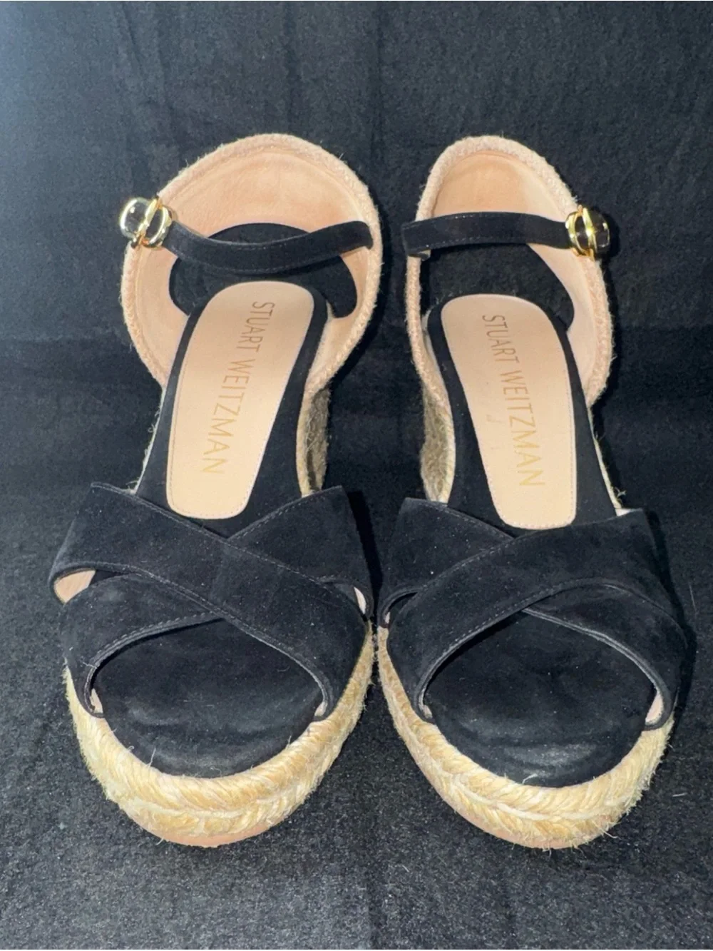 Stuart Weitzman Black Suede Wrap Ankle Buckle Strap Espadrille Wedge Sandals 7